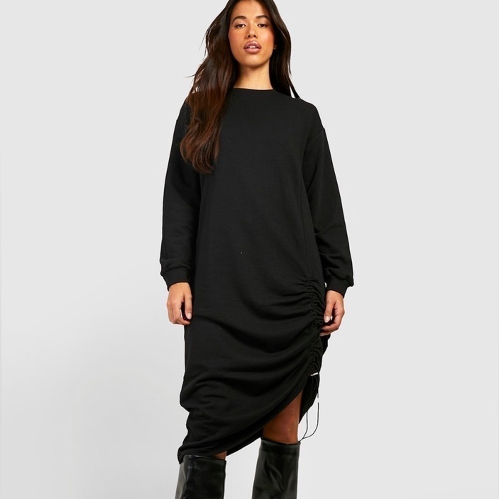 Boohoo Black Long Sleeve Ruched Sweatshirt Dress Sz XS | Casual Chic Fall Outfit